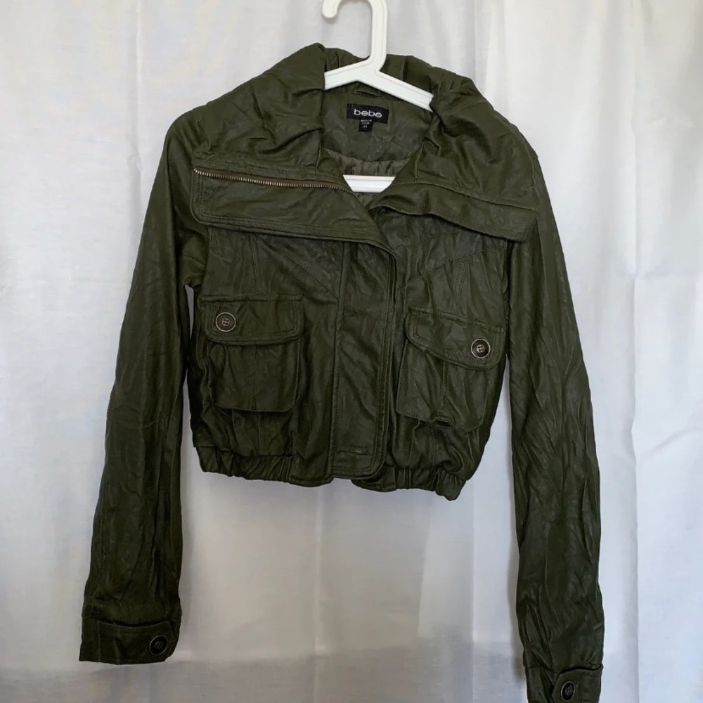 Bebe Olive Cropped Faux Leather Jacket